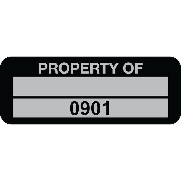 Lustre-Cal Property ID Label PROPERTY OF 5 Alum Black 2in x 0.75in 1 Blank Pad & Serialized 0901-1000, 100PK 253740Ma2K0901 - main